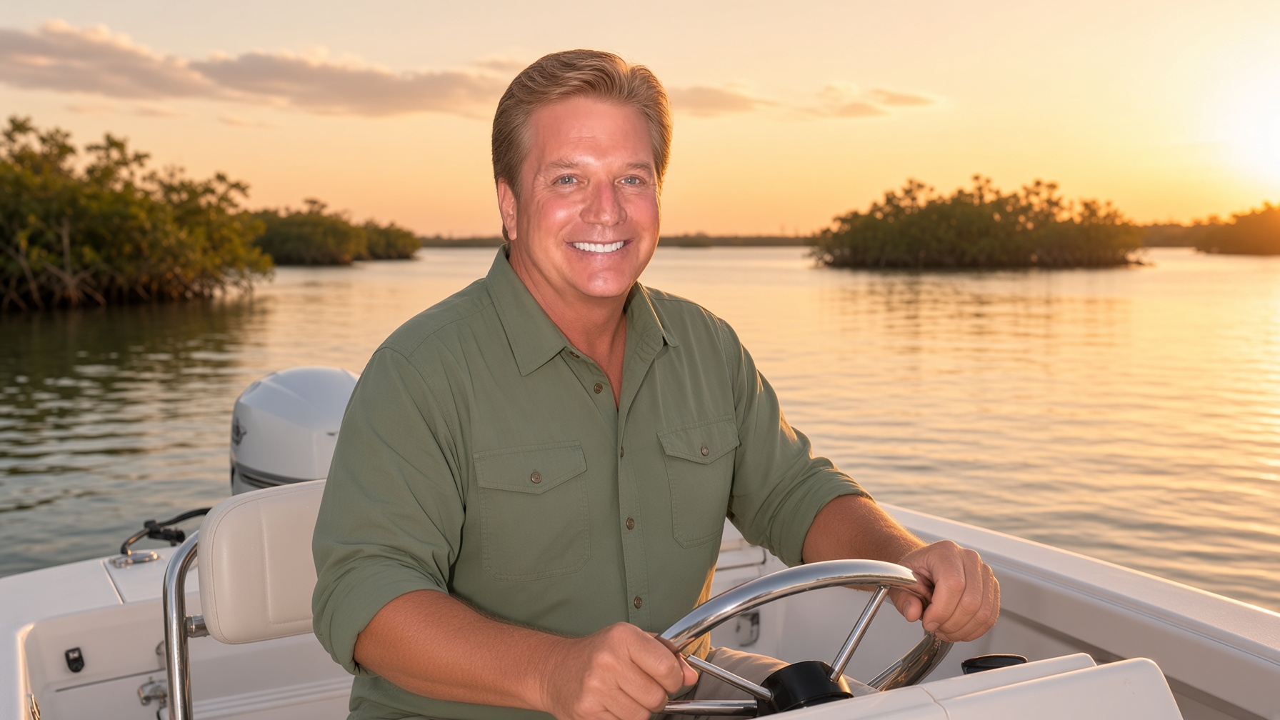 Captain Johny at the helm of a Tampa Bay flats skiff at golden hour